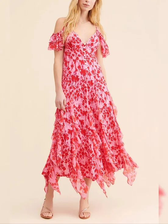 Free People Endless Cascades Maxi‎ Dress Off The Shoulder Pink And Red