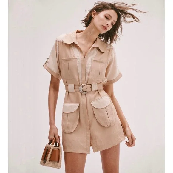 Free People x Steele Dusty Utility Dress XS Linen‎ Blend Belted Safari Mini NWT
