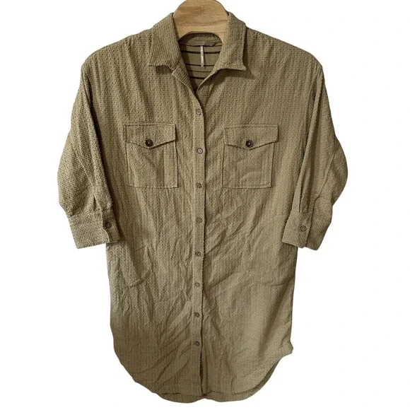 Free People Size Medium‎ Beige Button Up Tunic Shirt Midi Dress Textured Pockets