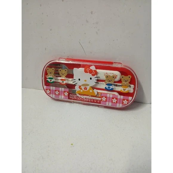 Hello Kitty Spoon Fork Chopsticks Trio Set Red 1995 Sanrio Tea Party‎ Series