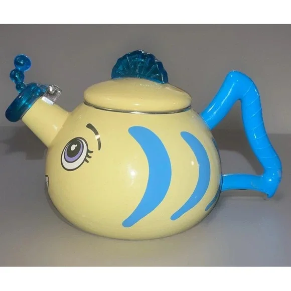 MM Kamenstein Corp.‎ Whistling Tea Kettle Yellow Fish Teapot Enamel Kitschy READ