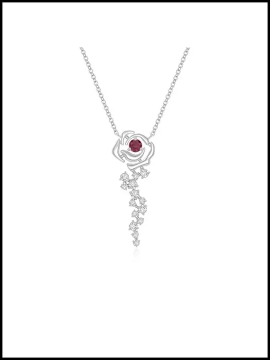 Natural Ruby Moissanite Rose Flower Pendant Necklace, Sterling Silver/Gold