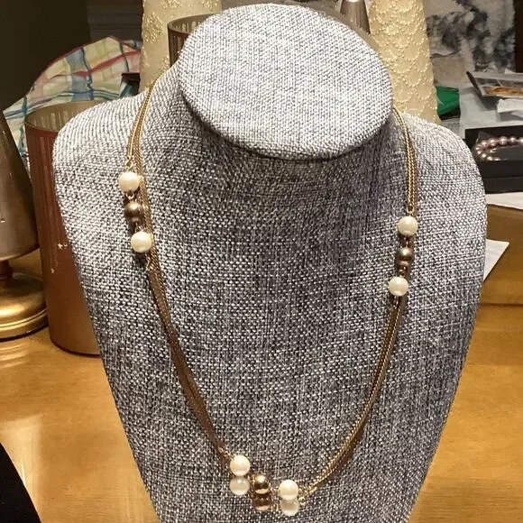 Goldtone Herringbone Chain with Faus Pearls Necklace