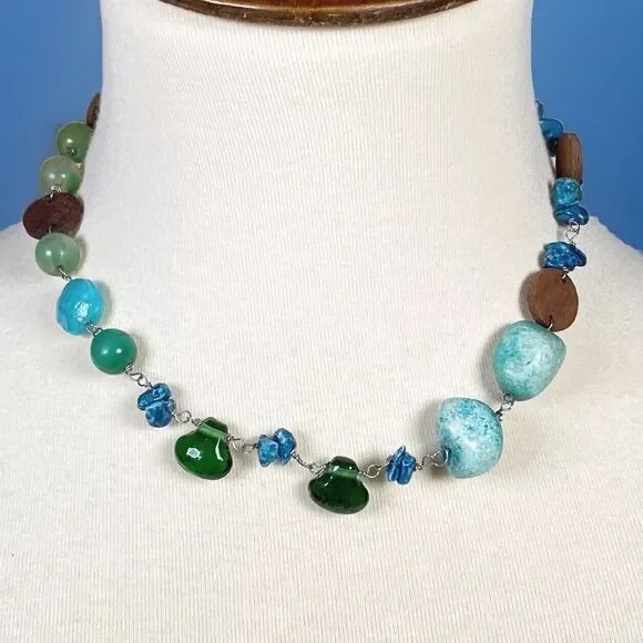 American Eagle Boho Bead Necklace Blue Green Brown Faux Turquoise Wood Festival