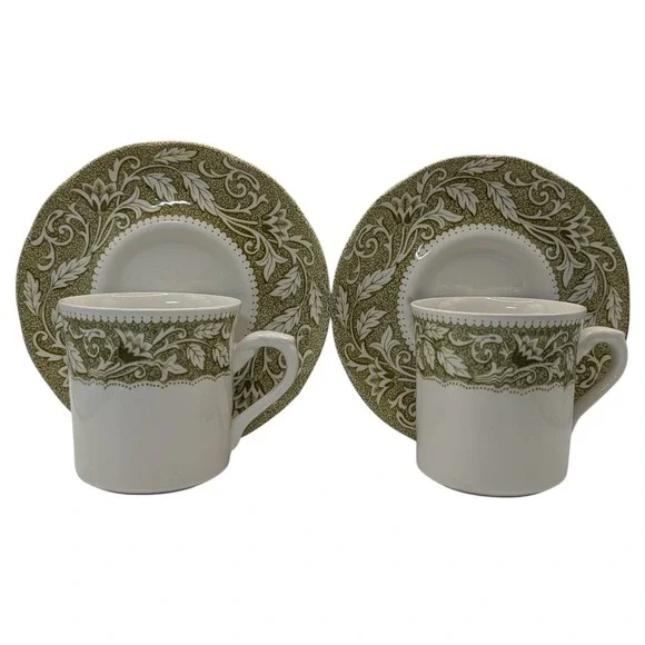 J G Meakin Teacups Saucers  Renaissance Green English Ironstone Set of Two SEE