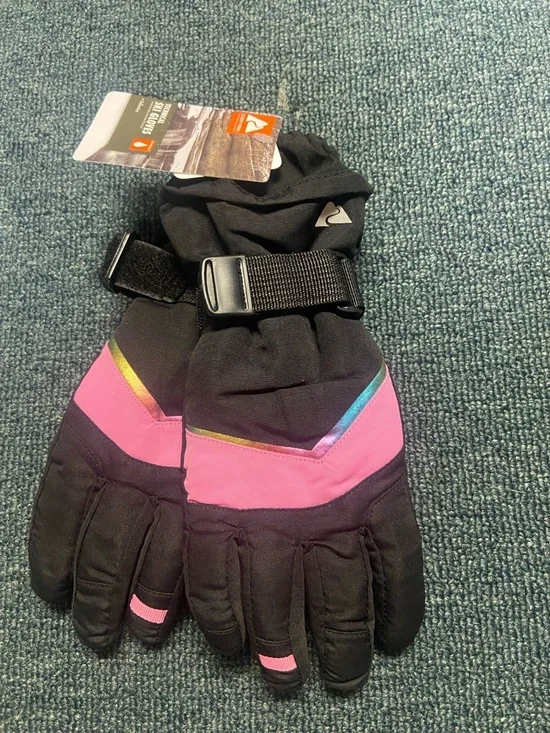 Ozark Trail Kids Mittens Black with Pink and Rainbow Accent