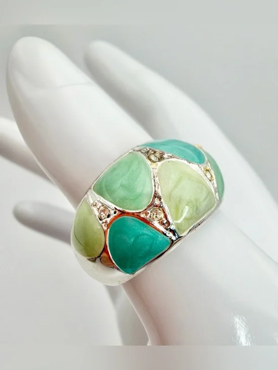 Silver Tone Green Mosaic Enamel Dome Ring