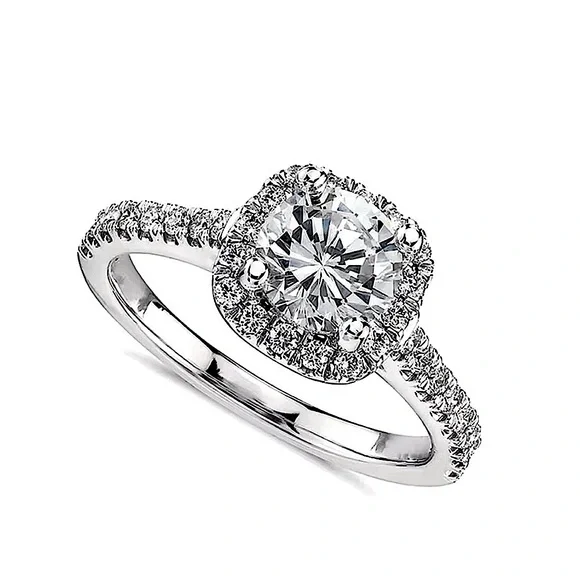 2 Ct Pave Halo Round Platinum Plated S925 Diamond Engagement‎ Ring, Size 8
