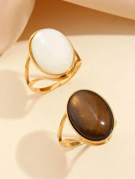 Gold Oval Stone Ring - White and Brown Options