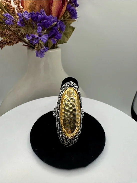 Two-Tone Hammered Oval Statement Ring with Byzantine Chain Pattern (Size 9)