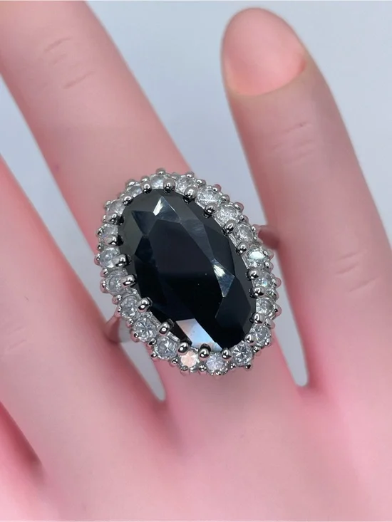 Onyx Black Diamond White Swarovski Crystals Oval Halo Ring Silver Statement Sz 7