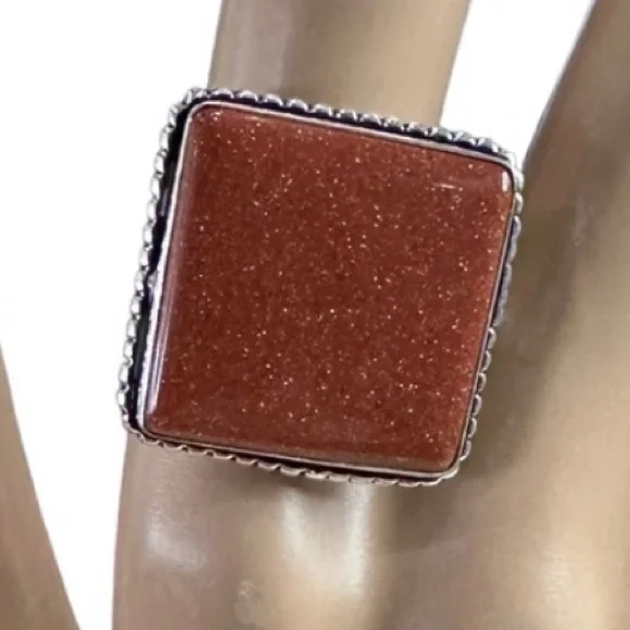 💕 Natural Gold Stone gemstone square ring‎ .925 sterling silver overlay adjust