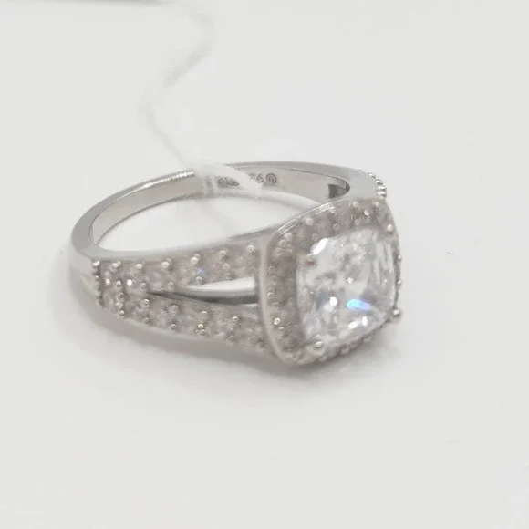 925 Sterling Silver Princess Cut CZ Halo Split Shank Ring Size 8 Art Deco Style