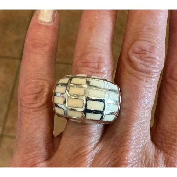 Chunky Stainless Steel Ring White‎ Brick Pattern Statement Band Size 7