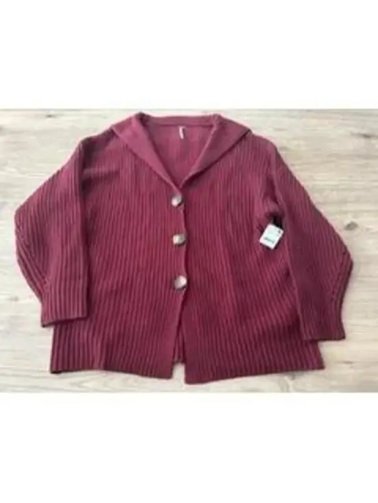 Free People Swim Too Deep Cardigan Sweater Womens L Burgundy Ribbed Knit New