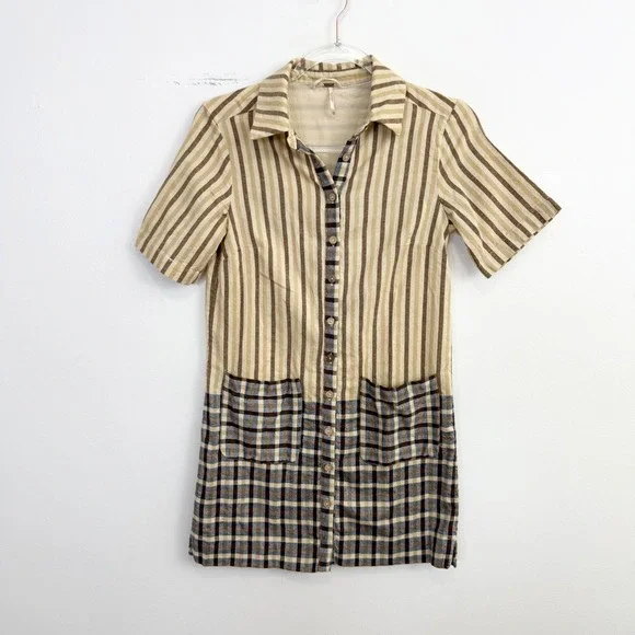 Free People Mixed Plaid & Stripe Button Front Shirt Dress XS