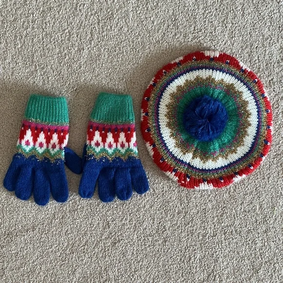 Mini Boden Festive Knit Mittens and Hat Set - Red, Green, Blue
