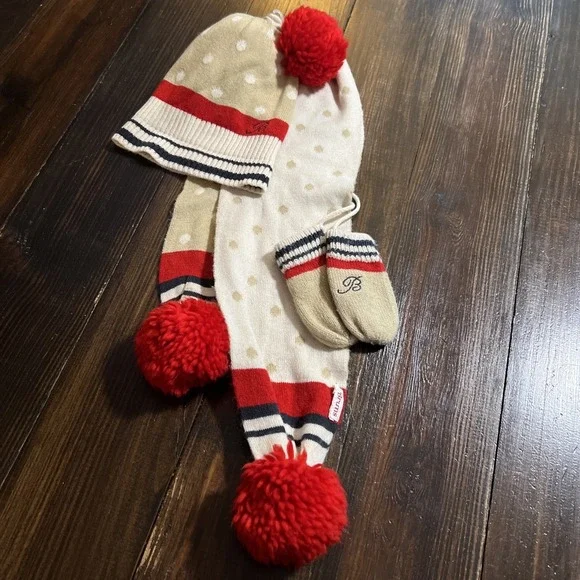 BRUMS  Cable Knit Pom Pom Hat, Scarf & Mittens Set - Toddlers Size