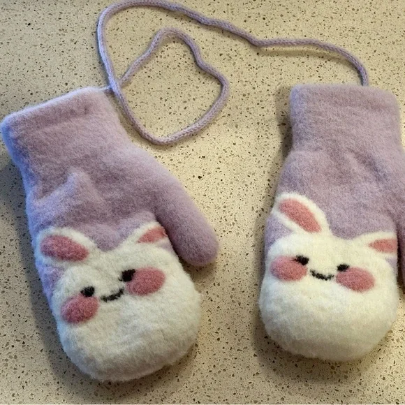 Kids Cute Bunny Face Purple Mittens with String