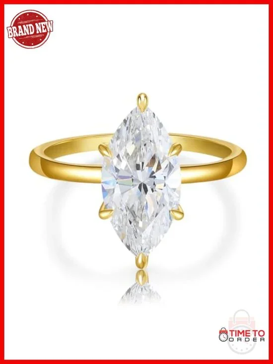 4CT Marquise Cut Moissanite Engagement Ring, 14K Gold Plated Solitaire, Size 8