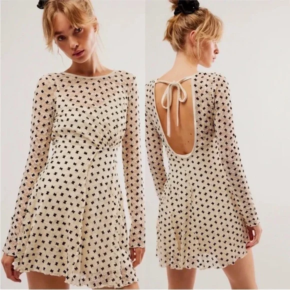 Free People Cream Long Sleeve Mini Dress with Black Dot Print