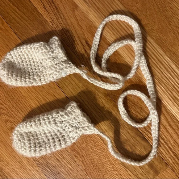 Handmade Cream knit / Crocheted Baby Mittens (soft wool) for 12 month old baby