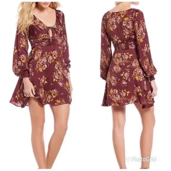 Free People Morning Light Retro Floral Mini Dress in Purple Combo. Size 12.