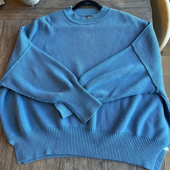Free People Sky Blue Ribbed Crewneck Sweater