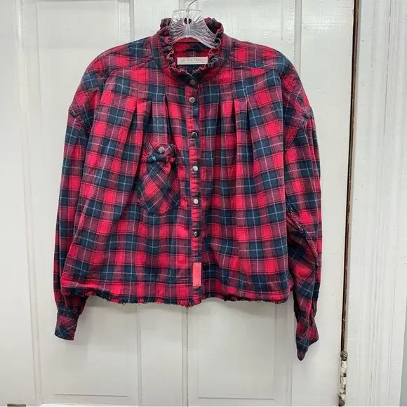We the Free People long sleeve button‎ down cropped flannel shirt women's xs