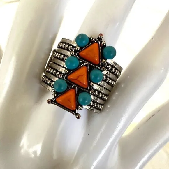 Blue and orange silver tone stretchy ring