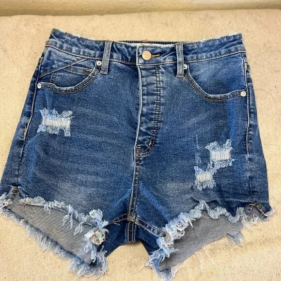 Free People CRVY Button-Fly Frayed Hem High-Rise Lolita Denim Shorts Sz 28