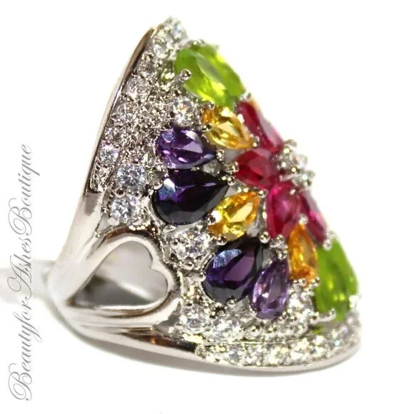 Ladies Wide Multi Citrine Rose Amethyst Clear CZ Flower Colorful Burst Ring 5