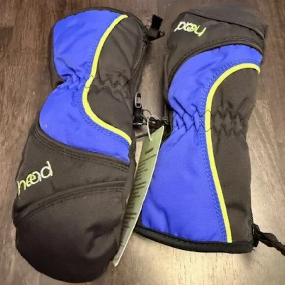 NWT HEAD Junior Ski Insulated Gloves Mittens  (Black/Blue/Rave Green) Size XS