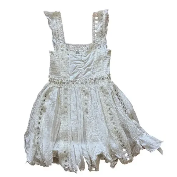 Free People White Raw Hem Fairy Lace Square Neck Mini Dress Cottage Whimsygoth