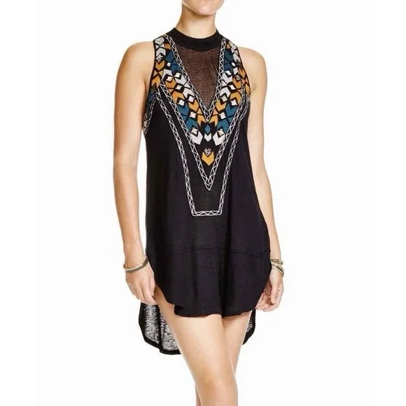 NWT Free People Adella Size S Black Mock Neck Embellished Top‎ Tunic Boho