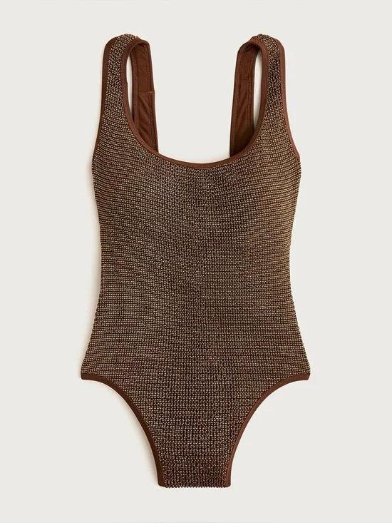 J.Crew Claudia Metallic Scrunchie One-Piece Swimsuit in dark twig brown 14