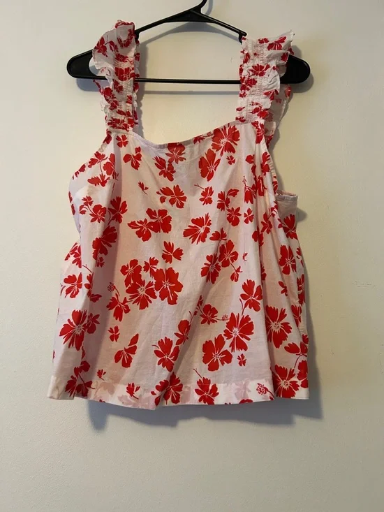 J. Crew White Tank Top with Red Floral Print, Ruffle straps, Size XL