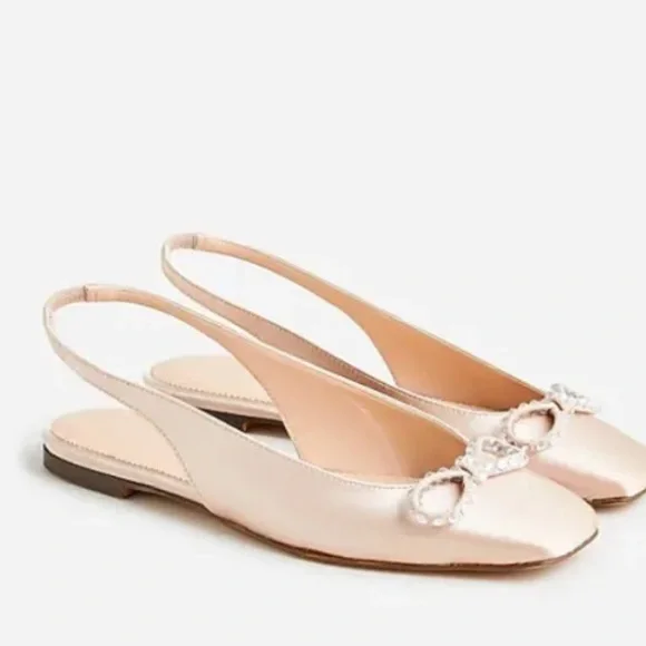 J. Crew Anya Slingback Blush Pink Satin Crystal Bow NWT