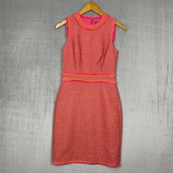 J Crew Sheath Dress 00‎ Pink Neon Fringe Tweed Sleeveless Old Money Preppy