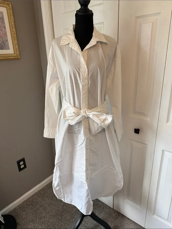 J. Crew White Cotton Button-Front Midi Shirt Dress with Waist Tie