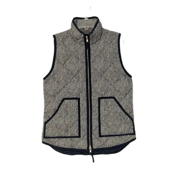 J. Crew Women’s Quilted Down Puffer Vest XS Houndstooth Black White Gold Preppy