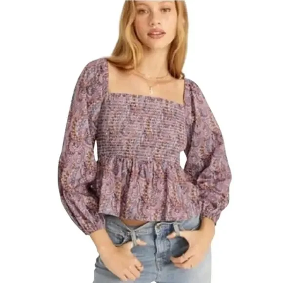 J Crew Liberty Tropical Prince Paisley Puff Sleeve Smocked Top 2X Fairy Boho