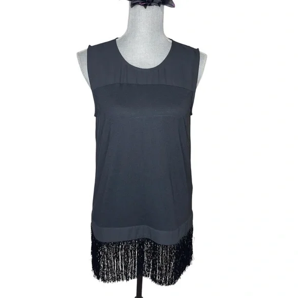 J.Crew Solid Black Fringe Tank Drape Top Tunic B6374 Sleeveless Classic S