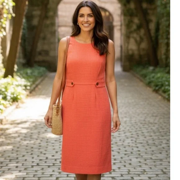 J. Crew Orange Sheath Midi Dress Sleeveless Crew Neck