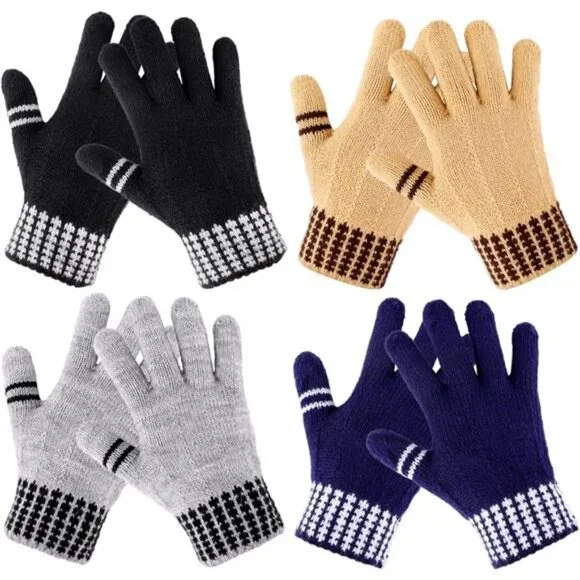 4 Pairs Kids Boys Winter Gloves Mittens Knitted Ski Mittens for Ages 5-12