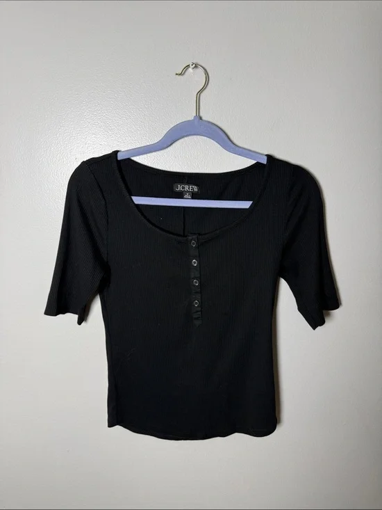 J. Crew Black Ribbed Henley Short Sleeve Top Size Medium