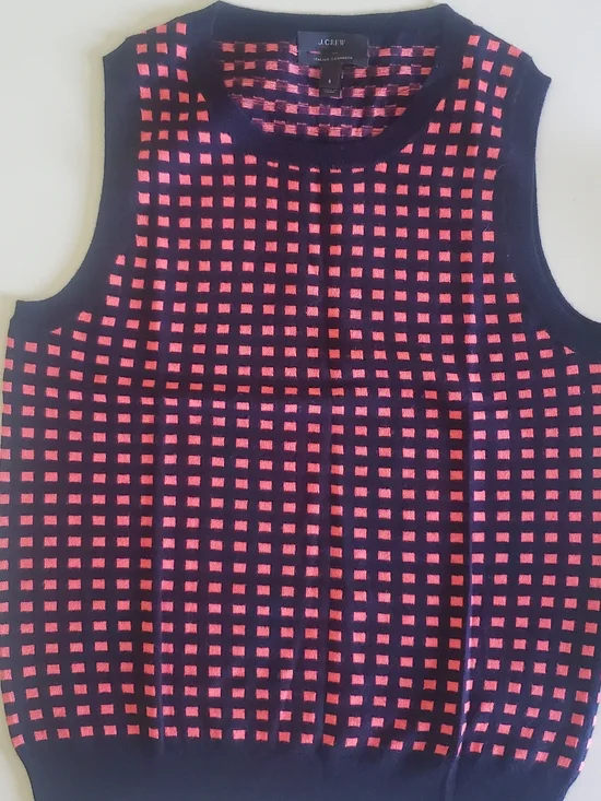 J. Crew Jcrew Navy Cashmere Vest Tank with Bright Pink Grid Small