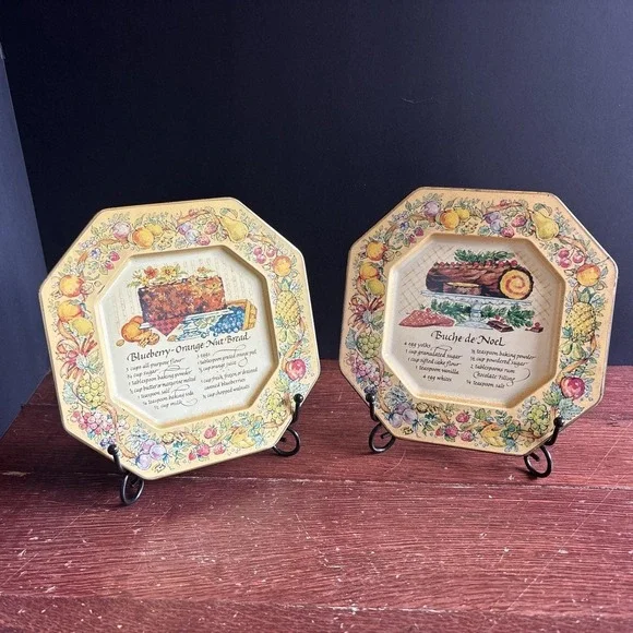 Vtg 1982 Avon Printed Recipe Tin Plates For Hanging England Set of 2 Granny Core