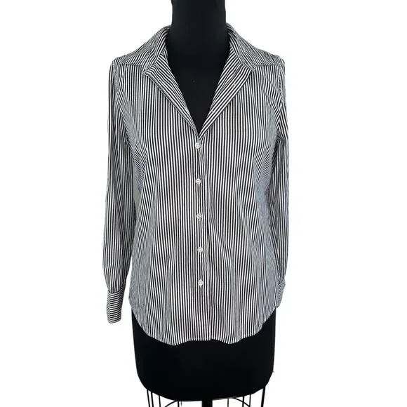 J Crew Stretch Perfect Top White Black Stripe Button Up Long Sleeve Shirt PS