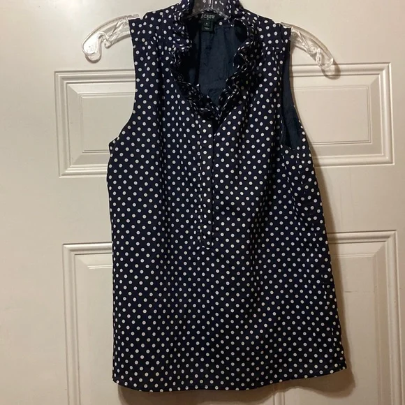 J. Crew‎ Navy and White Polka Dot Ruffle Blouse 4